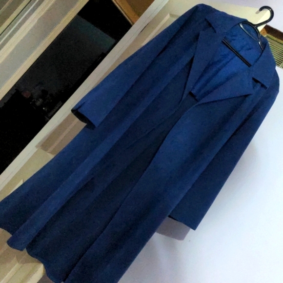 Vintage BRODKIN Ultrasuede Belted Trench Coat, Blue suede, size L - Picture 3 of 7